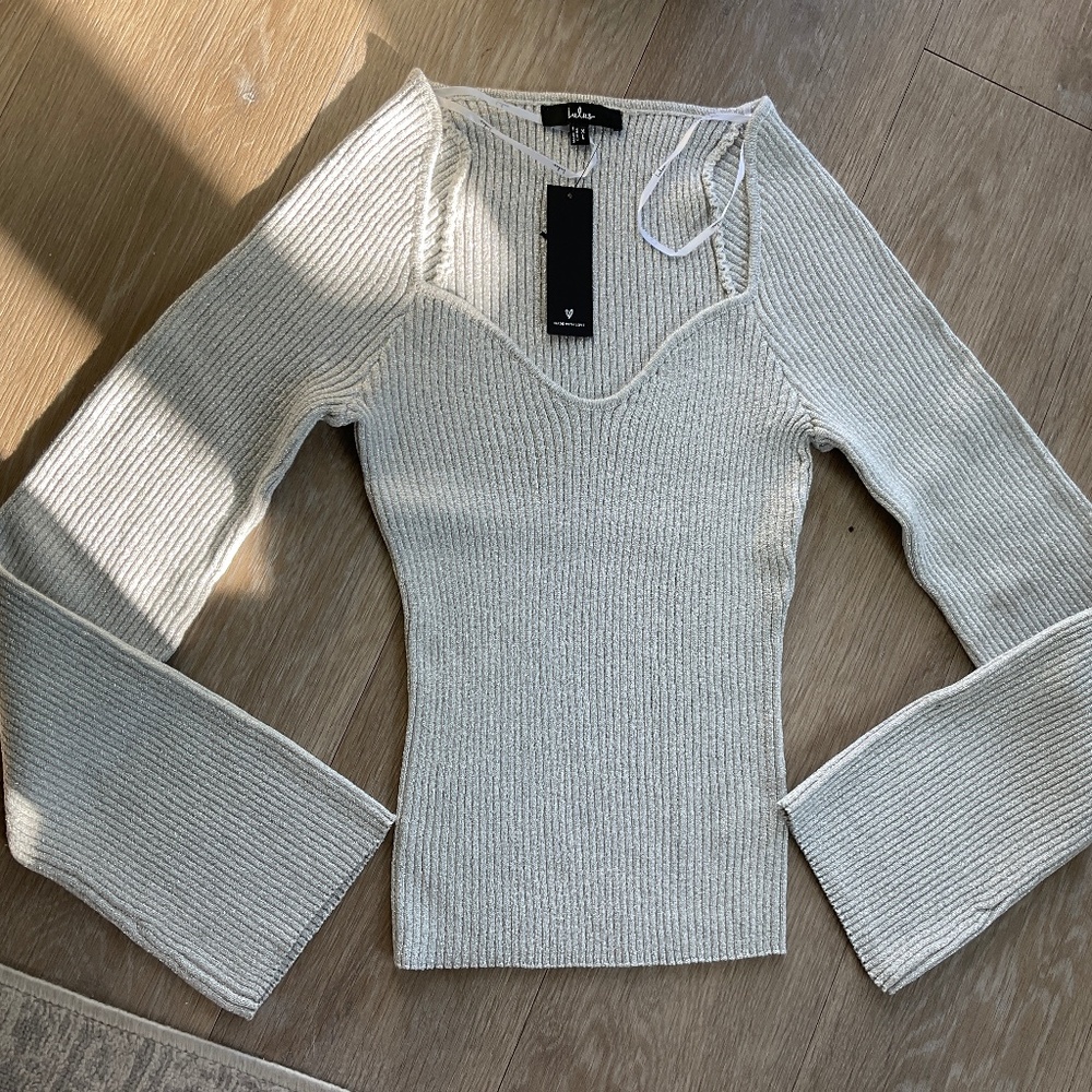 Lulus Effervescent Babe Shiny Silver Lurex Ribbed Long Sleeve Top - SizeXL